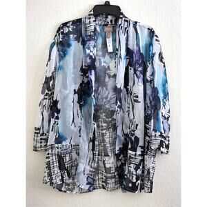 Top/Cover Up-Chico's-Abstract Print-Black Blue Gray-Sheer-No Closure-Chico's 3/L
